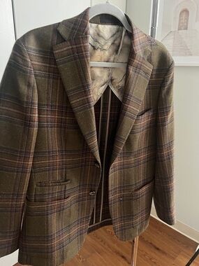 Men's Olive Plaid Tailored Sport Coat - Classic Notch Lapel